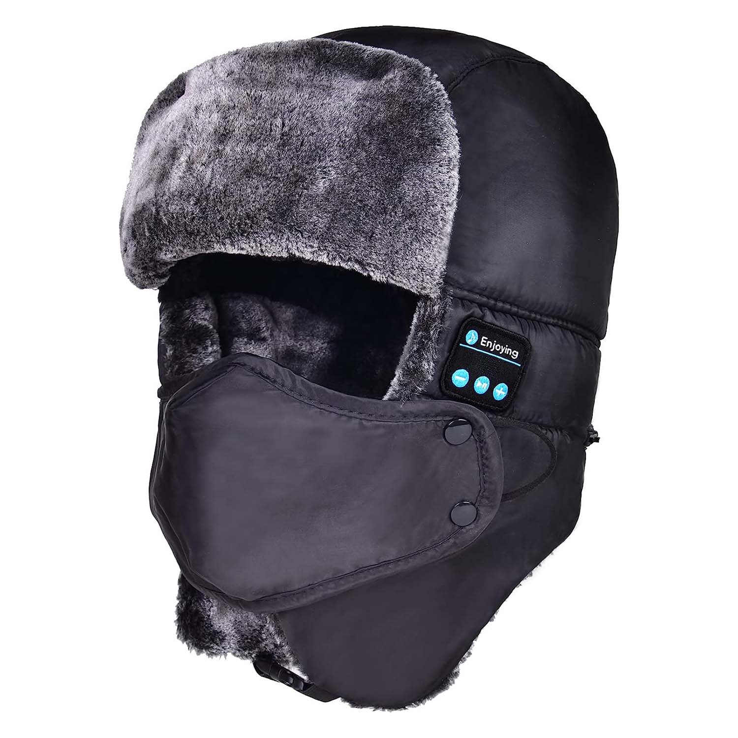 Black Bluetooth Trapper Hat with Ear Flap Mask